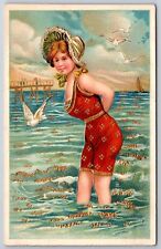 Vintage Bathing Beauty In Sunbonnet Wading~Seagulls~Gold Leaf Emboss ASB~c1910 picture