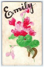 Girls Name Postcard Emily Glitter Horseshoe Flowers Embossed c1910's Antique picture
