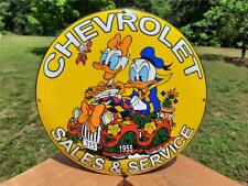 HEAVY PORCELAIN CHEVROLET SALES & SERVICE 1955 SIGN DONALD & DAISY DUCK IN CAR picture