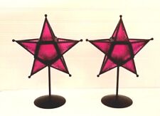 Set of 2 Moravian Stamped Glass Star Shaped Candle Holder Purple Pink 14
