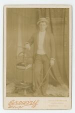 Antique Circa 1890s Cabinet Card Handsome Man Hat & Cane Gregory Sacramento, CA picture