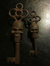 Skull Victorian Cast Iron Key Skeleton Castle x2 Rustic Patina Collector SET LOT picture