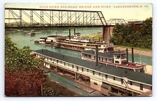 Postcard Ohio River Railroad Bridge and River Boats Parkersburg WV picture