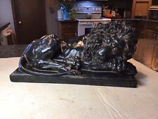 VINTAGE Resting African Lion BRONZE LOOK LARGE Black Resin Statue Sculpture 16” picture