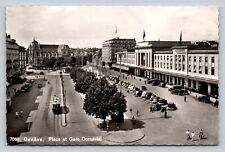 RPPC Postcard: Geneva, Switzerland - Cornavin Square & Train Station, Old Cars picture