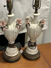 Pair CORDEY Lamps Ivory Porcelain Attached Roses Pink Gold 28” Shabby Chic picture