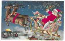 Silk Santa Claus~in Sled w. USA Flag~Toys~1908~Patriotic~Christmas Postcard-h979 picture