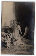 1908 Little Girl Pose With Doll & Plush Teddy Bear Real Photo Postcard Rppc pc12 picture
