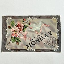 Antique Embossed Postcard Beautiful Flowers Dove Ribbon Call Me Monday picture