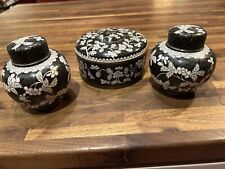 Pair Of Chinese Black And White Enamel Cloisonné Ginger Jars And Lidded Box picture