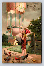 1908 Joyful Easter Farm Boy With Egg Hot Air Balloon Chickens Postcard picture