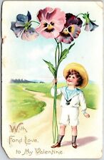 1908 Little Boy Holding A Giant Pansy Landscape Valentine Posted Postcard picture