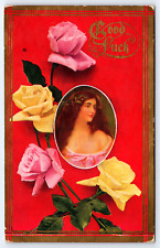 Good Luck, Woman In Dress, Flowers, Textured, Antique, Vintage Postcard 1920 picture