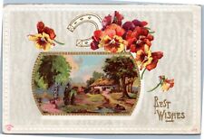Best Wishes - house scene, flowers, horseshoe 1914 postcard picture