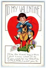c1910's Valentine Big Heart Riding Horse Toy Embossed Posted Antique Postcard picture