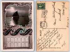 1909 CALENDAR w/ SAILBOAT IN MOONLIGHT Rotary Photo RPPC Postcard N332 picture