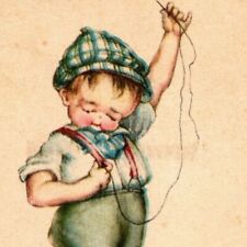 Vintage Postcard c1915 Young Boy Sewing 