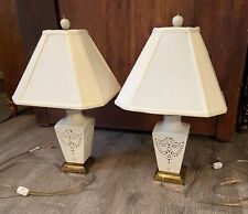 Pair Two Vintage LENOX Quoizel Porcelain Reticulated Lamps Brass Chinese Style picture