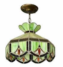 Vintage 1970s Tiffany Style Art Deco Revival Stained Glass Pendant Light Fixture picture