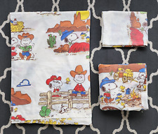 Vintage Peanuts Twin Sheet Set Snoopy Western Cowboy Flat Fitted & Pillow Case picture
