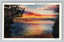 VT-Vermont or NY-New York Lake Champlain At Sunset Colorful Sky Vintage Postcard picture