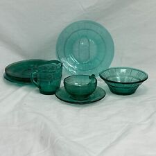 8 PC LOT JEANNETTE DORIC PANSY TEAL CHILD CUP SAUCER BERRY BOWL BREAD PLATES picture
