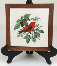 Red Canary Bird Wood Framed Ceramic Tile Trivet Kitchen Wall decor Cottage Core picture
