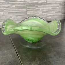 Green Hand Blown Merano Bowl Vintage Mid Century Modern Clear Ribbon Edge picture