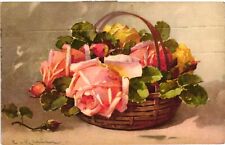 C. Klein, Flowers, Flowers, Pink and Yellow Roses in a Basket, Vintage Postcard picture
