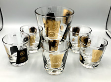 Mid Century Cera Black Gold Coin Pattern Glass Ice Bucket 5 Old Fashioned Glasse picture