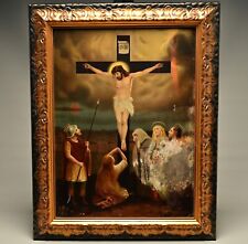 C. DEL TUFO Antique Original Vintage Signed Christ Crucifixion INRI Oil Painting picture