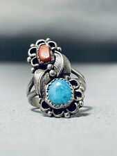 EXQUISITE VINTAGE NAVAJO KINGMAN TURQUOISE  CORAL STERLING SILVER RING picture