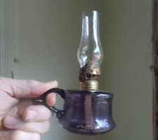 1880s PRETTY PURPLE LITTLE BUTTER CUP EMB APPLIED HANDLE MINIATURE OIL LAMP picture