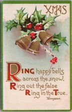 1910s CHRISTMAS Postcard Gold Bells / Holly 