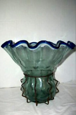 VINTAGE MEXICO HAND BLOWN GLASS VASE HUGE RUFFLED CAGED IRON GREEN BLUE RIM MCM picture