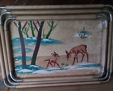 3 Vintage Hand Painted Doe & Fawn Deer Wood Trays - Japan Standard Specialty Co picture
