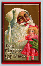 1917 Christmas PC White Hat Coat Green Glove Old World Santa Claus Doll Pink Bow picture