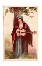 ARTIST MAUZAN ART DECO IMAGE, WOMAN WITH SHAWL HOLDS GUITAR ~ used 1922 picture