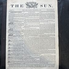 Antique The Sun New York Newspaper September 3 1833 - 1st Issue #1,  Penny Paper picture