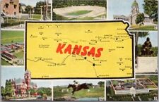 Vintage 1940s KANSAS State Map / Multi-View Postcard 8 Scenes / KROPP Linen picture