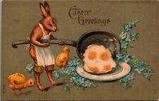 Easter Postcard Anthropomorphic Creepy Weird Bunny Frying Eggs with Chicks c1915 picture