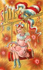 July 4th Embossed Postcard Little Girl on Lit Firecracker Swing - circa 1909 picture