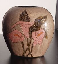 Brass Art Nouveau Vase Handpainted Flowers Oval Shape  picture