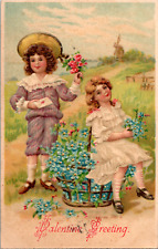 Vintage C. 1908 Cute Dressed Girls Embossed Valentine Day Greeting  Postcard  picture