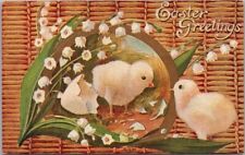 Vintage 1910s EASTER GREETINGS Postcard Baby Chicks / White Flowers - UNUSED picture