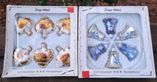 VNG Lot of 12 German Glass Mouth-blown Handpainted Ornaments Box Gold Blue White picture