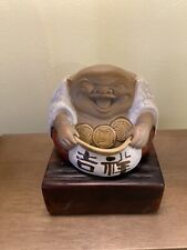 Laughing Buddha Budai Lucky Fortune Coin Pot Jar Signed Pottery EUC With Base picture
