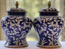 Stunning Pair Chinese Ginger Jars/Urns Blue White Enamel on Brass with Lids 8” picture