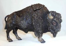 Antique Metal Desktop Inkwell Buffalo/Bison Standing Hinged Top w/ Glass Insert picture