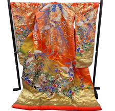 Japanese Kimono Uchikake Vintage Gorgeous Gold Red Phoenix and Flower (u43) picture